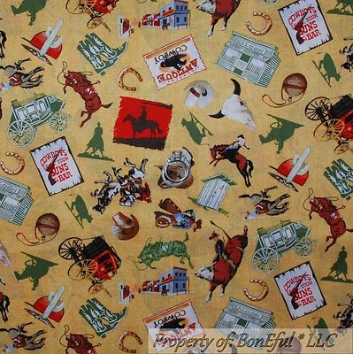 BonEful Fabric FQ Cotton Quilt Yellow Red Cowboy Western Wagon Horse Antique VTG - Image 1 of 4