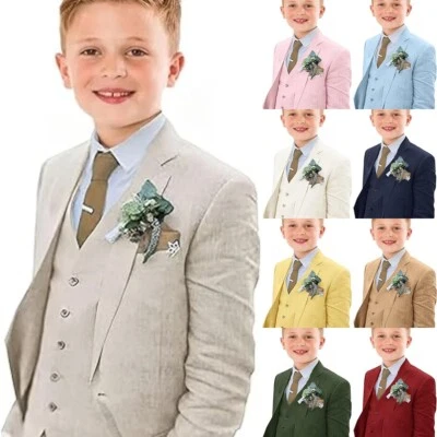 Traje de lino para niños calce ajustado 3 piezas traje de boda de playa de verano conjunto de trajes de lino para niños Foto 1 de 4