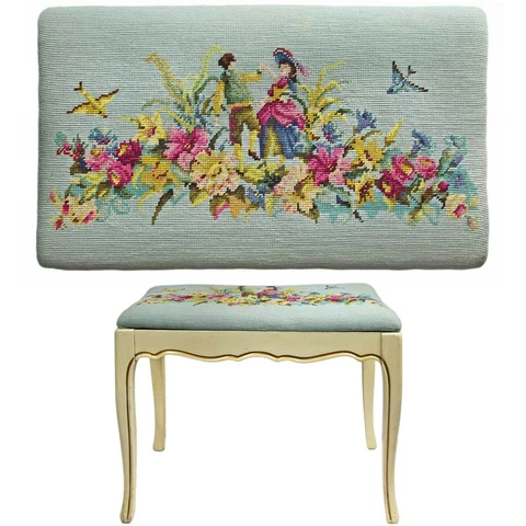 Vintage Handworked Needlepoint Bench, Floral Birds, Dancing Couple, Cottagecore Cover
