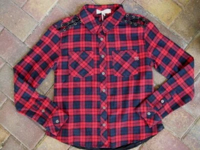 MISS ME GIRLS  Red & Black Plaid Lace Back Flannel Shirt  sz   M NWT  - Image 1 of 3