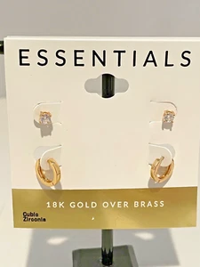 18K Gold over Brass Hoop & Stud Earrings set of 2 by Essentials New With Tags - Picture 1 of 7