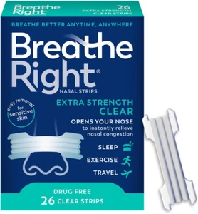 Breathe Right Nasal Strips Extra Strength Clear for Sensitive Skin, 26 Count - Picture 1 of 5