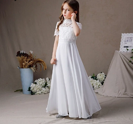 White High Neck Chiffon First Communion Dress Lace Short Sleeve Bridesmaid Dress - Image 1 of 4