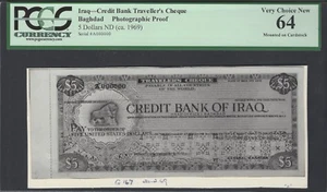 Iraq- Credit Bank Traveller's Cheque Bagdad 5 Dollars 20-2-1969 Photograph Proof - Picture 1 of 2