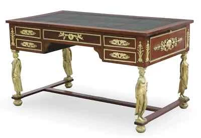 Antique Bureau, Fr Empire Style, Bronze MTD, Leather Slides, Mahogany, 1800's! - Image 1 of 4