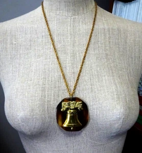 Long Vintage Necklace With Large Tortoise Lucite Liberty Bell Patriotic Pendant - Picture 1 of 6