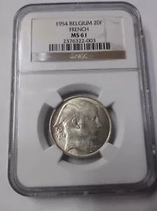 Rare 1954 Belgium French Silver 20 Francs NGC MS 61 - Picture 1 of 2