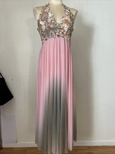 Ema Savahl Hand Painted Swarovski Floral Ombre Lace Pink Gray Cross Back Gown S - Picture 1 of 21