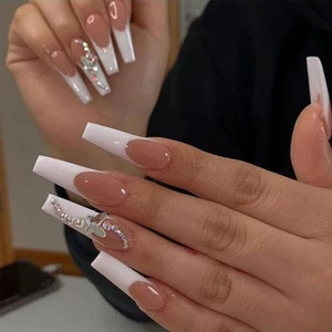 Long Coffin Fake Nail w/ Rhinestone Pink French Tips Glitter Butterfly Flase Nai - Picture 1 of 6