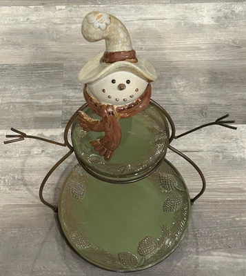 Exhibición/servidor de metal de dos niveles muñeco de nieve conos de pino hojas placas decorativas incluidas Foto 1 de 4