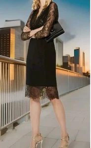 KAREN MILLEN BNWT £215 Sz 12 Black & Gold Floral Lace Panel Midi Dress - Picture 1 of 9