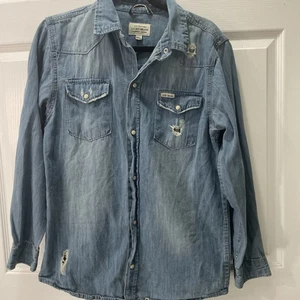 Women’s Lucky Brand Distress Denim With Pearl Snaps Button Up Shirt Size XL - Picture 1 of 16