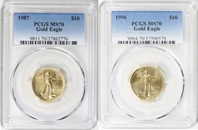 1987 & 1996 $10 GOLD EAGLE PCGS MS70 LOW POP 47 & 64 COINS * Low Mintage - Image 1 of 3