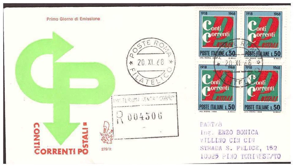 FDC Venetia Club 1968 - Conti Post Viaggiata Racc. Quartina - Image 1 of 1