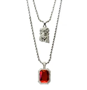 Silver Plated Ruby Red Stone and Jesus Face Pendant 22" 27" Rope Chain SET 209 - Picture 1 of 4