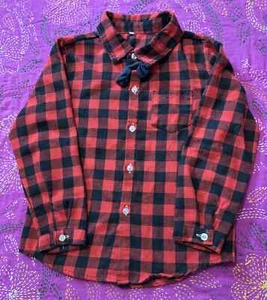 Boys Unbranded Red Black Plaid Flannel Shirt With Bow Tie. Size X-large 14-16 - Picture 1 of 20
