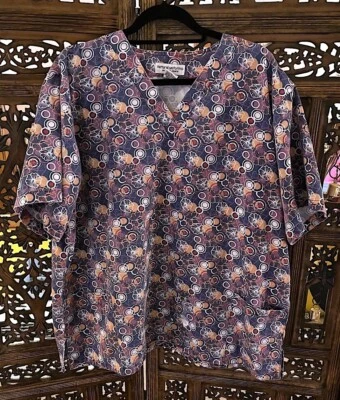 NATURAL UNIFORMS PURPLE ORANGE WHITE FLORAL CIRCLE SCRUB UNIFORM NURSE T SHIRT - Image 1 of 4