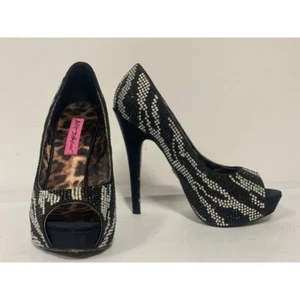 Betsey Johnson Glitzeee Zebra 5in Rhinestone Bling Heels Black Size 7 M - Picture 1 of 7
