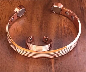 Solid Copper Magnetic Bracelet & Ring Set Energy Arthritis Men Women Cuff - Picture 1 of 7