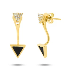 14K Oro Amarillo Ónice Negro Diamante Triángulo Pendiente Chaqueta Tuerca Gota - Imagen 1 de 2