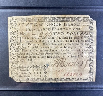 Rhode Island Colonial Currency RI-283 July 1780 $2 Two Dollar Note Jon Arnold - Image 1 of 4