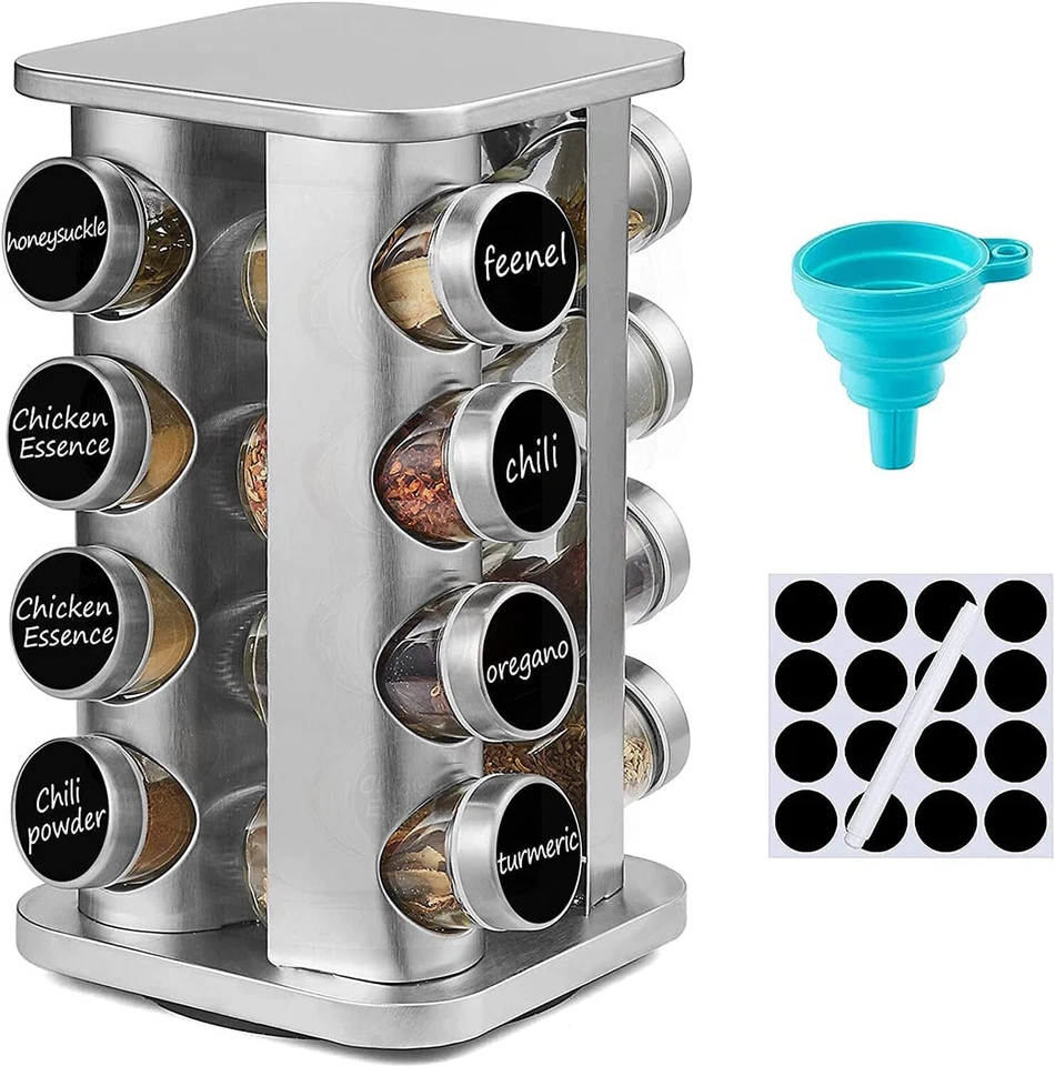 NEW Stainless Steel 16 Jar Revolving Spice Rack Stand Carousel Rotating Glass - Image 1 of 4
