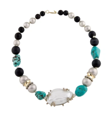 COLLAR ALEXIS BITTAR IMITACIÓN MADREPERLA CRISTAL TURQUESA Y CUENTAS MADERA Foto 1 de 4