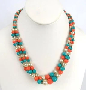 Necklace Multicolor Coral Turquoise + Faux Pearl Beads 3 Strands Layered 19.5" - Picture 1 of 8