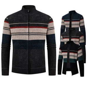 Men's Classic Zip Up Cardigan Fleeced Lined Stripe Knitted Sweater Jumper Tops - Picture 1 of 24