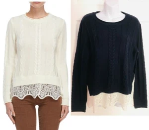 NWT QI Women's Wool Cable Lace Hem Sweater LARGE Navy/Cream $225 - Picture 1 of 8