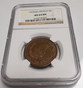 MEXICO FIVE CENTAVOS 1929MO 5C MO NGC MS64 BN MS 64 NGC Mexican Certified Coin  - Picture 1 of 7