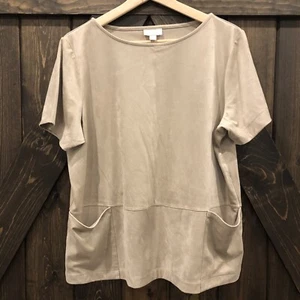 J Jill Pullover Top Faux Suede Round Neck Short Sleeve Pockets Plus Size L Pet - Picture 1 of 5