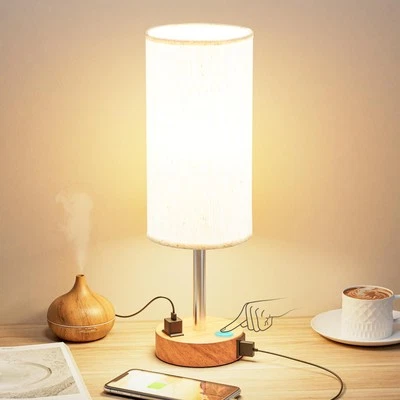 Dimmable Touch Bedside Lamp with USB-C, AC Outlet, LED Bulb, Fabric Shade - Image 1 of 4