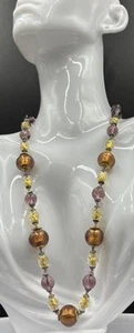 Vintage Brown Honey Gold Foiled Purple Accents Murano Art Glass Faceted Beads - Bild 1 von 7