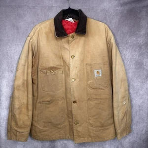 VTG Carhartt Chore Coat Men’s 42 6QLC Red Quilted Line 80s Brown Jacket Made USA - Picture 1 of 20