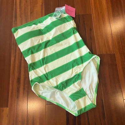 New NWT Kate Spade Swimsuit Pesto Green White Stripe One-Piece Straps Sz Medium - Image 1 of 4