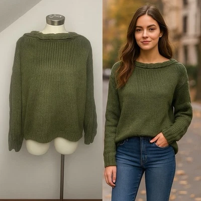Suéter tejido con cable verde caballete de gran tamaño para mujer L drapeado trasero acogedor otoño nuevo con etiquetas Foto 1 de 4