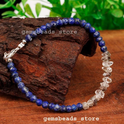 Bracciale NATURALE Lapislazzuli + Herkimer Diamante Quarzo Pietre Preziose Fa... - Immagine 1 di 4