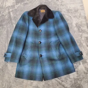 Pendleton Wool Coat Shearling Black Blue Shadow Plaid Western Jacket Medium - Picture 1 of 6