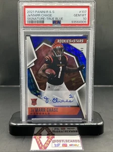 2021 Rookies & Stars - JA'MARR CHASE ROOKIE AUTO TRUE BLUE /49 PSA 10 Gem #107 - Picture 1 of 5