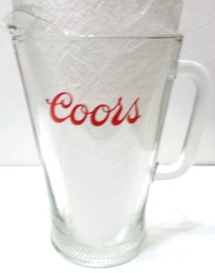 Vintage Coors Beer Glass Pitcher Clear Red Graphics 9 1/8" Tall Holds 48-56 oz. - Picture 1 of 6