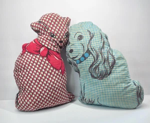 Vintage Gingham Cat and Puppy Dog Cut & Sew Stuffed Animal Pillow Red Blue - Picture 1 of 9