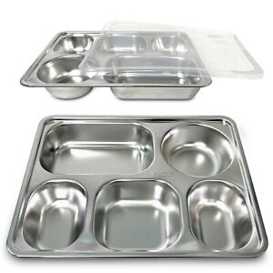 Assentials Stainless Steel Divided Plate – 5-Compartment Tray with Lid