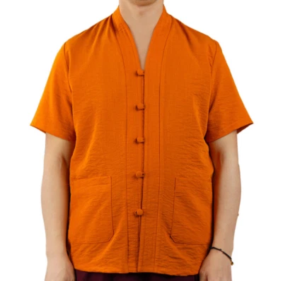 Summer Men Thin Cotton buckle Shirts Zen Buddhist Monk Tops Tang Suit breathable - Image 1 of 4