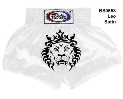 FAIRTEX SATIN SHORTS WHITE MUAY THAI KICK BOXING MMA K1 FIGHTING TRUNK LEO LION - Image 1 of 2