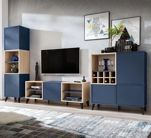 NEU komodee Fondi Wohnwand TV, Blau Holz, Vitrine Sideboard Lowboard Weinregal - Bild 1 von 13