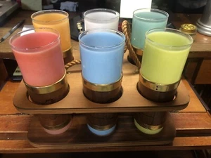 Vintage Siesta Ware Set Of 6 Multicolor Frosted Tiki Bar Tumblers W Wood Caddy - Bild 1 von 8