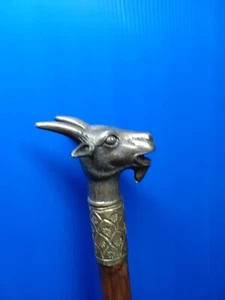WALKIING STICK/CANE 252 BRASS GOAT HEAD HANDLE 106cm BAMBOO - Picture 1 of 5
