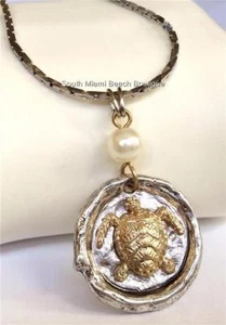 Silver Gold Sea Turtle Necklace Life Two Tone Nautical 18" Beach Rhodium Plated - Picture 1 of 11