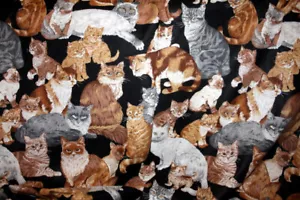 VINTAGE CRANSTON- CATS AND KITTENS ON BLACK - 100% COTTON FABRIC - Picture 1 of 6